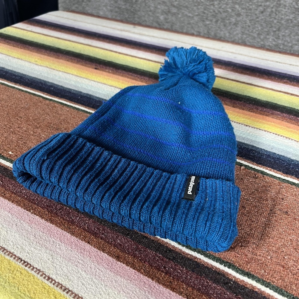 Patagonia Hat Beanie Mens One Size Blue Striped Pom Winter Knit STY29187FA21